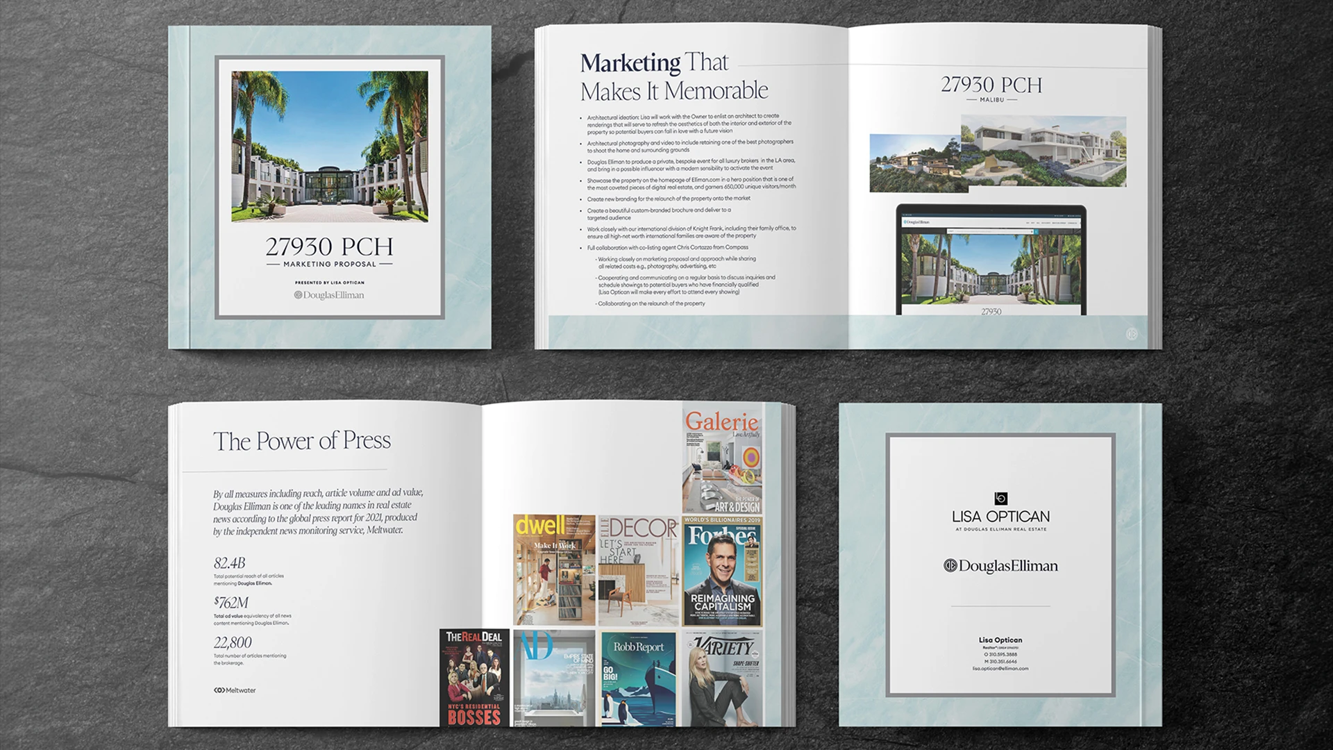 Mockup showing cover, two interior spreads, and back cover of a custom listing presentation developed for an agent's pursuit of a high-end luxury property.