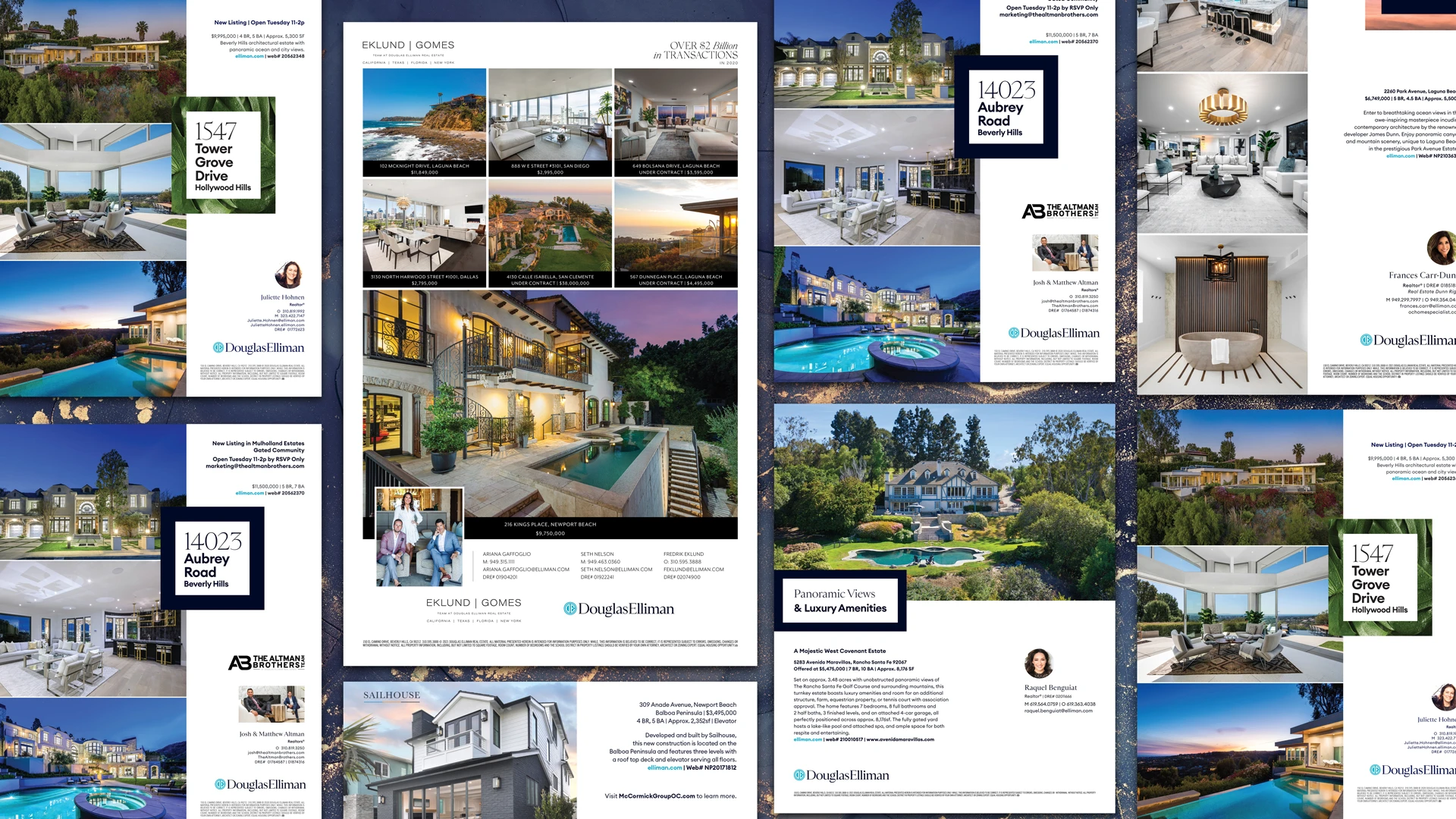 A matrix of print advertisements under Douglas Elliman branding for property advertisements, demonstrating a range of layouts all following the same visual language aligned with the corporate brand.