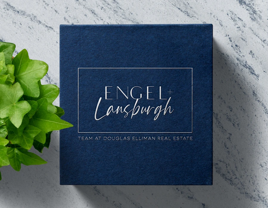 Mockup of Engel Landburgh team logo on the top of a luxury gift box.