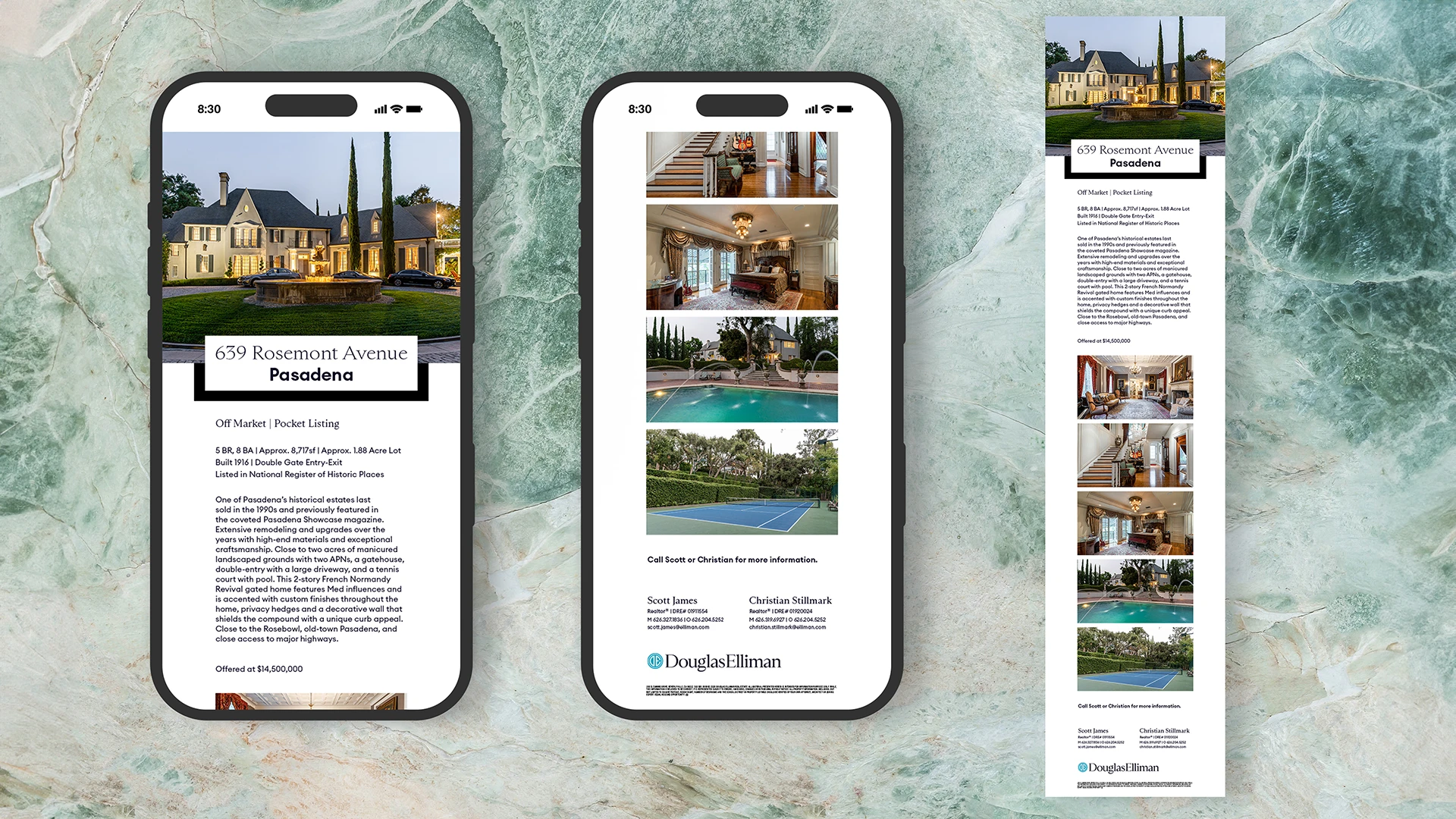 A mockup of an email designed to promote a property for sale. The first two mockups show the email as it would be displayed on a mobile phone, the third showing the entire long email as one design.