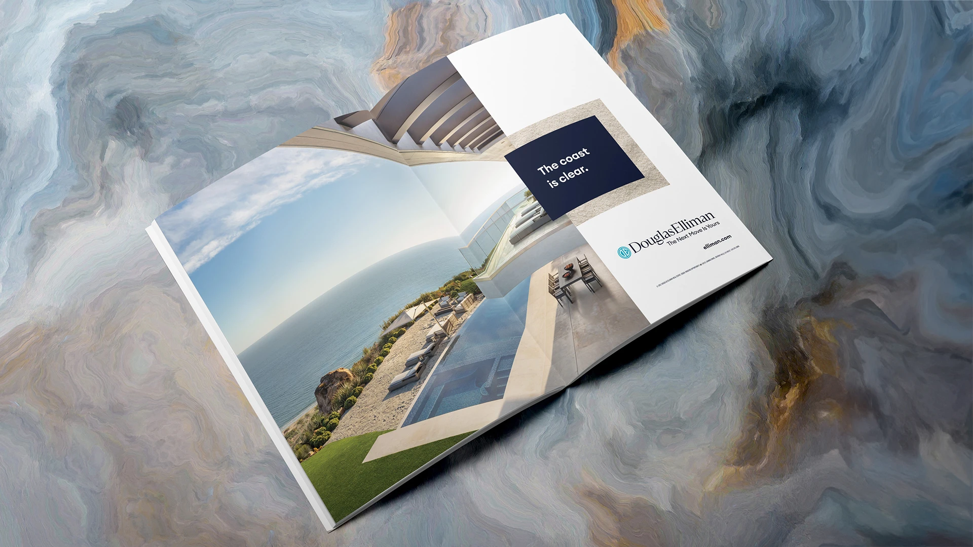Douglas Elliman campaign advertising of an anonymous property, using clever wording. The image is of a property with a view of an infinite-edge pool matching the horizon of the ocean.