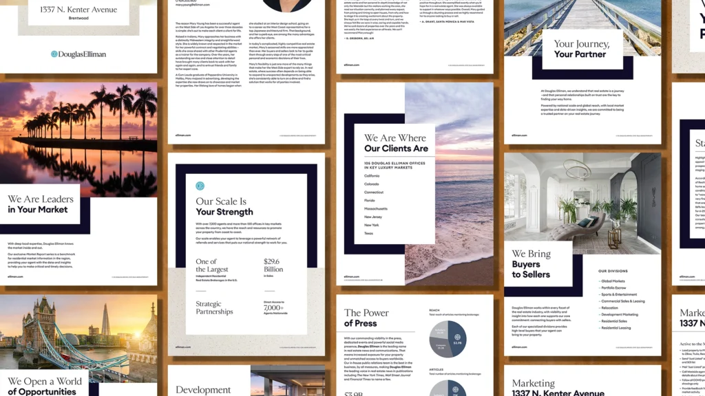 A matrix of various pages taken from the standard Douglas Elliman Listing Presentation.