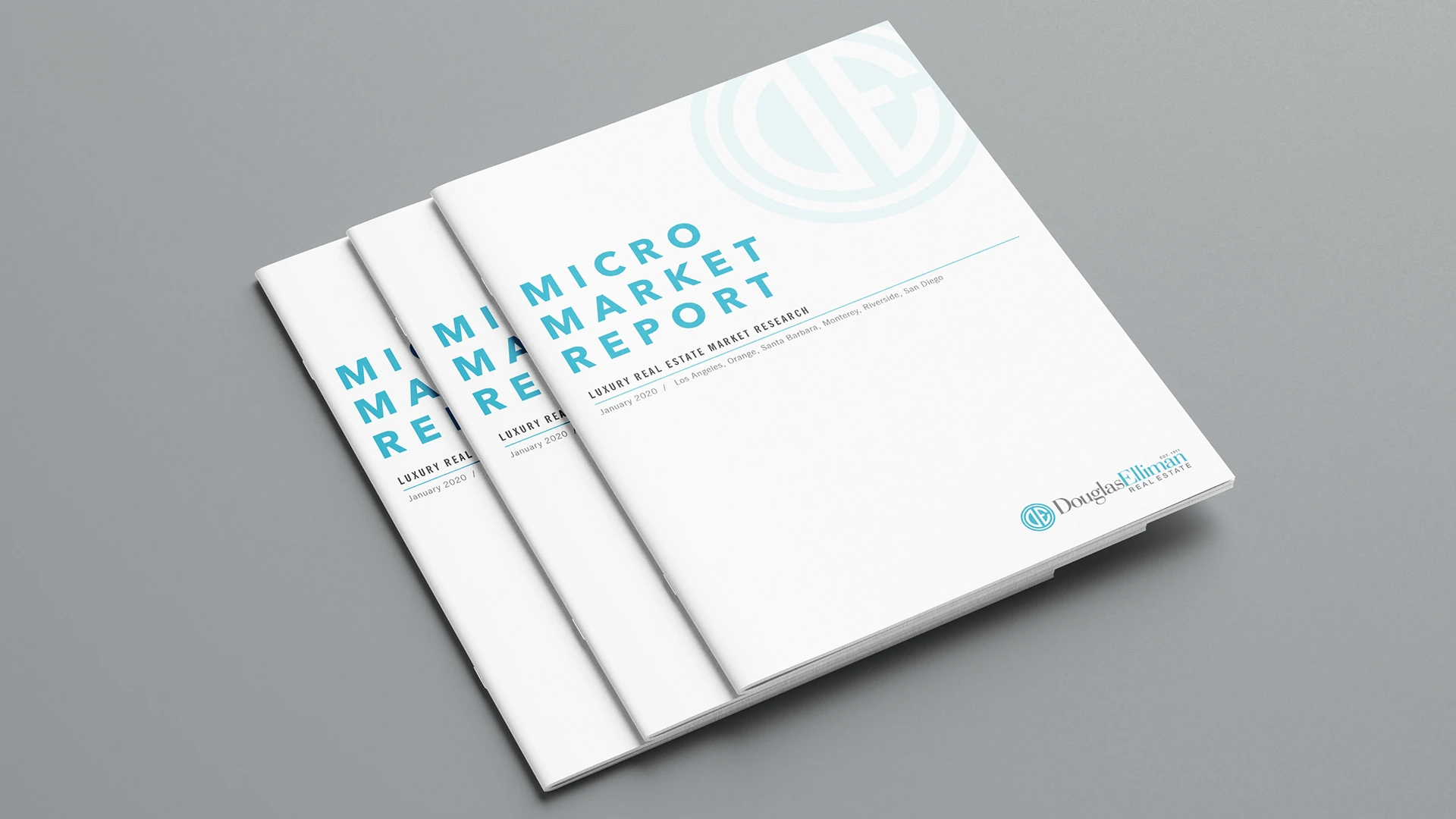 A mockup of three Micro Market Reports, using the 2019-early 2020 design, showing the covers.