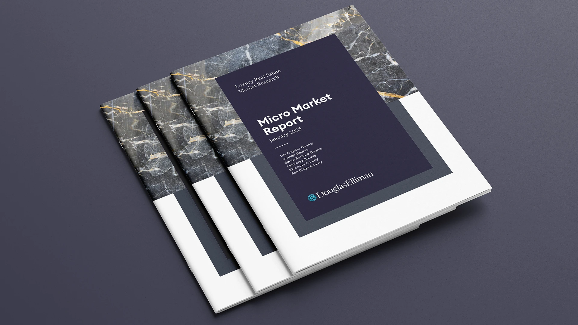 A mockup of three Micro Market Reports in the design iteration that existed from 2020 through mid-2023. This image shows the cover which utilizes a grey luxury marble texture highlight.