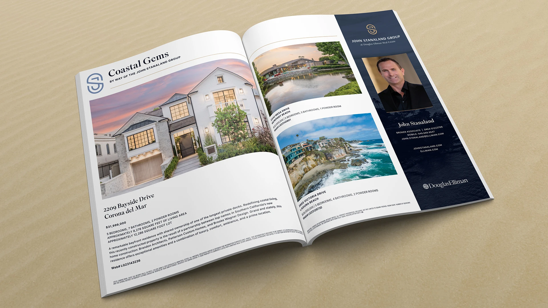 A mockup of a two-page spread multi-property advertisement for John Stanaland Group.