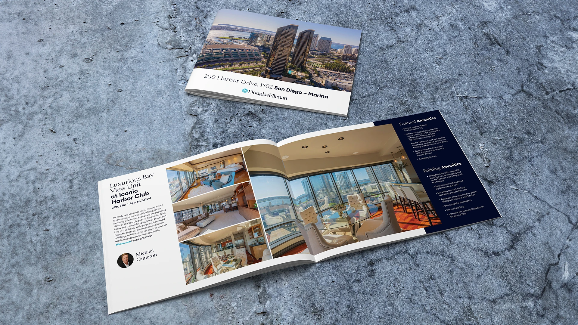 A mockup of a bifold brochure for a property in San Diego.